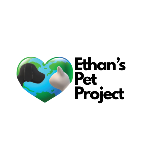 A blue heart-shaped globe overlayed with the profile of a black dog on the left looking into the eyes of a white cat on the right.  To the right of the image are the words `Ethans's Pet Project.`